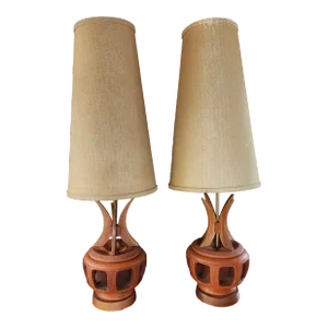 Pair of 1960s Plasto Mfg Co Burnt Orange Saucer Lamps With Danish Style Wooden Details