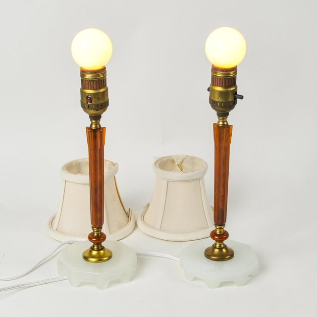 1930s Art Deco Amber Bakelite Boudoir Lamps - a Pair For Sale - Image 4 of 14