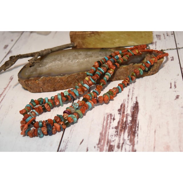Vintage Coral Turquoise and Other Mixed Stone Double Strand Native American Necklace Striking double strand necklace made...