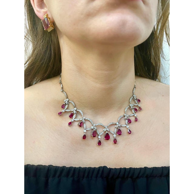 Gemstone 18 Carat Tear Drop Rubelite and Diamonds Necklace 14 Karat White Gold For Sale - Image 7 of 18