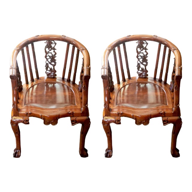 Pair of Vintage Hand Carved Horseshoe Chairs For Sale