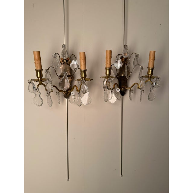 19th Century French Bronze and Crystal Wall Sconces - Pair For Sale - Image 4 of 7