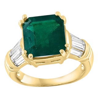 GIA Certified 3.41 Ct Octagonal Colombian Emerald & Diamond Ring 14K Yellow Gold For Sale