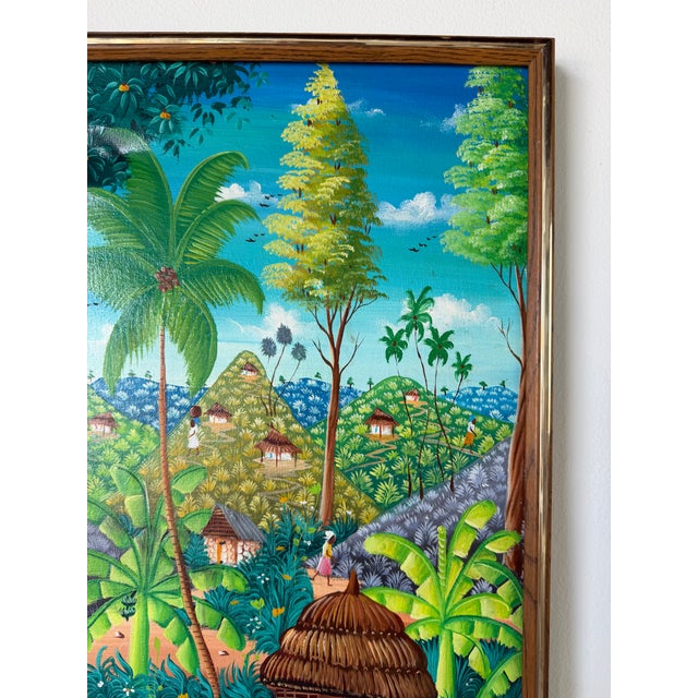 1980s Vintage Michelet Haitian Folk Art Tropical Village Scene Landscape Oil Painting – Framed For Sale - Image 5 of 16