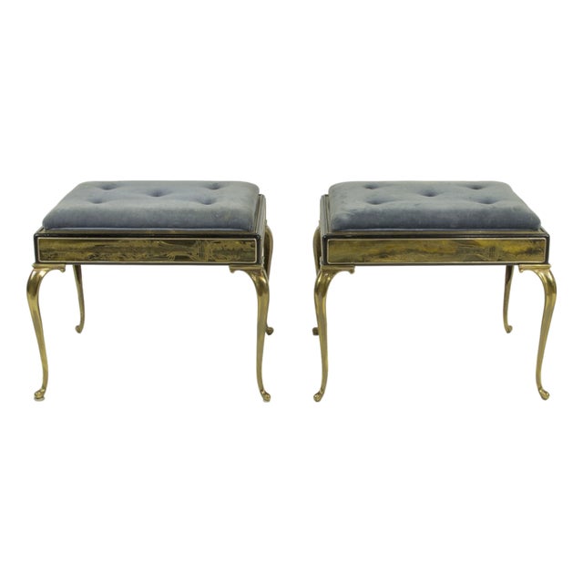 Rare Pair of Bernhard Rohne for Mastercraft Brass & Velvet Stools by William Doezema, 1970s For Sale