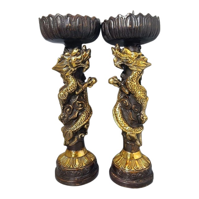 Pair of Gilt Bronze Dragon Candlesticks, Lotus Top Candle Holders, Chinoiserie Altar Decor For Sale