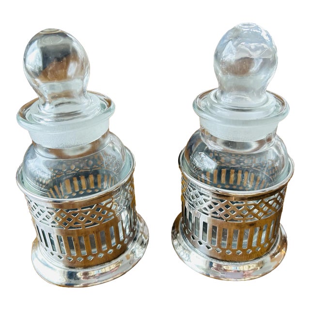 Pair of Vintage Wilcox Silver Bottles and Holders For Sale