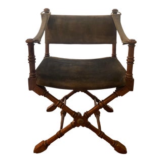 Vintage Mid Century 1950s Burnished Brass and Fruitwood Olive Green Suede Directors Safari Style Chair For Sale