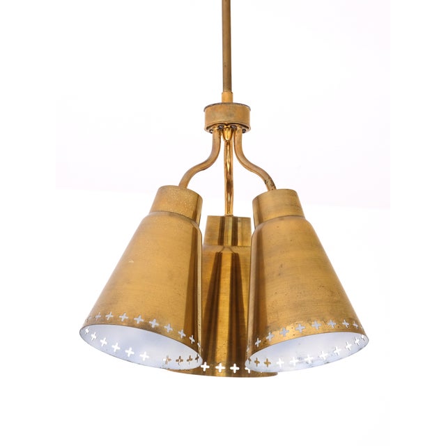 Metal Vintage Three-Arm Brass Pendant Light with Perforated Shades by Einar Backström, Sweden, 1950s For Sale - Image 7 of 12