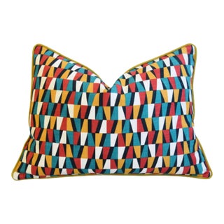 Designers Geometric Teal/Red/White/Gold Feather/Down Pillow 24" X 18" For Sale