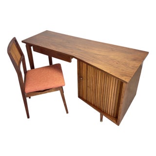 Mid Century Modern Walnut Tambour Door Writing Desk & Chair Trapezoidal Top For Sale