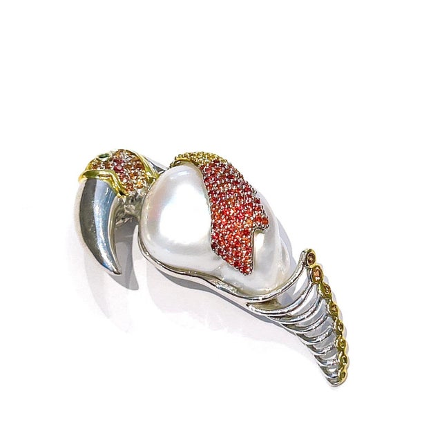 Bochic “Orient” Vintage Ruby, Sapphire & White South Sea Pearl Brooch Set In 18K Gold & Silver Natural Ruby and Sapphire...