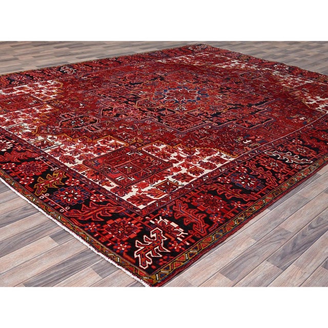 Textile 1960 10'x12'8" Fire Brick Red With Asphalt Black Border Vintage Heriz Oriental Rug For Sale - Image 7 of 12