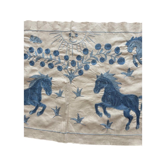 Mid-Century Modern Blue Horse Suzani Wall Hanging, Smiling Sun For Sale - Image 3 of 5