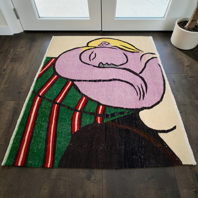Pablo Picasso Pablo Picasso - Woman With Yellow Hair - Inspired Hand Woven Area Rug - Wall Rug , Wool 3′9″ × 5′ For Sale - Image 4 of 18