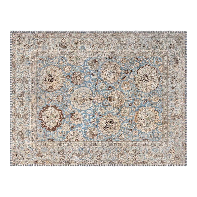 Antique Persian Tabriz Botanic Blue Handwoven Wool Rug For Sale