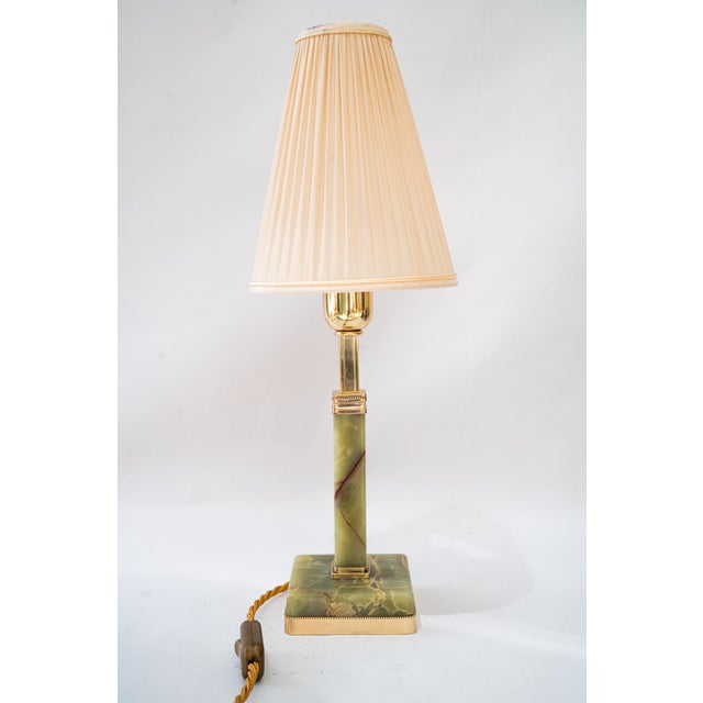 1920s Art Deco Jade Table Lamp with Brass and Fabric Shade, 1920s For Sale - Image 5 of 18