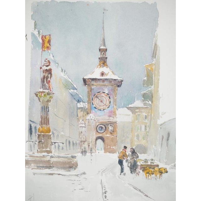 René Leverd, Switzerland, Clock Tower in Bern, Watercolor For Sale - Image 4 of 7