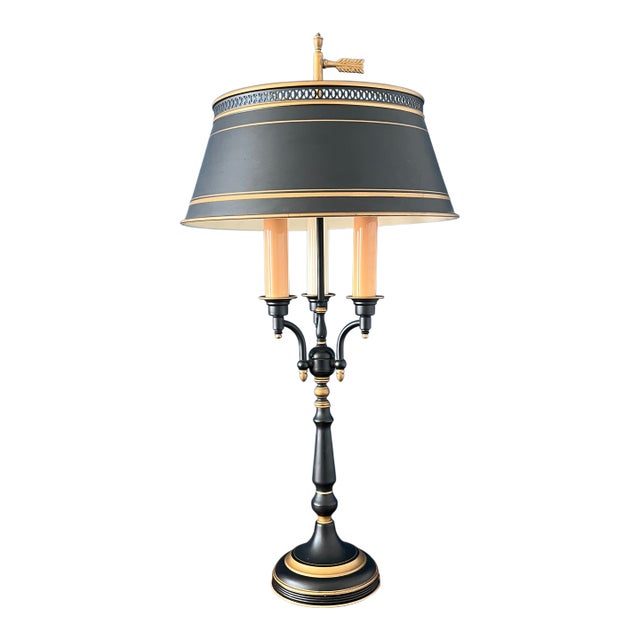Vintage Bouillotte Table Lamp — Black Tole & Gilt Metal, Three-Light French Style, Circa 1970s For Sale