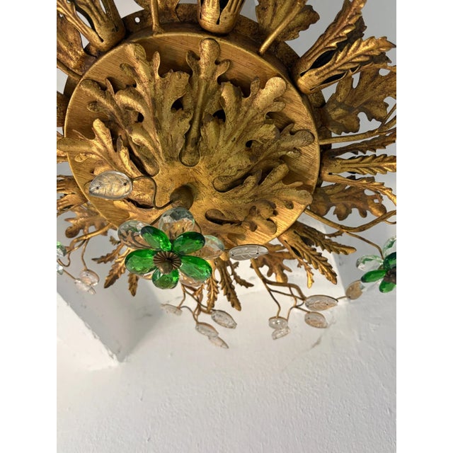 Flush Mount Maison Baguès Crystal Green Flowers Leaves Chandelier 9 Lights For Sale - Image 11 of 11