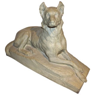 Charles Virion 1920s Antique Gray Terracotta Sculpture of German Shepherd Dog For Sale