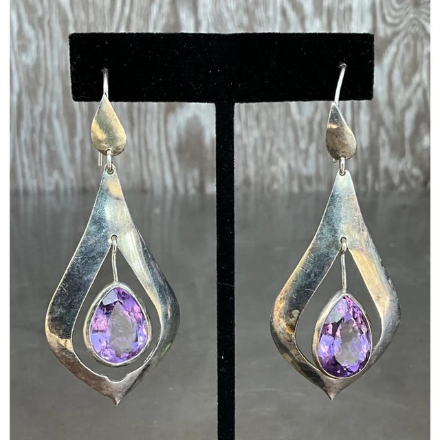 Vintage Sterling Silver Amethyst Drop Earrings For Sale - Image 9 of 12