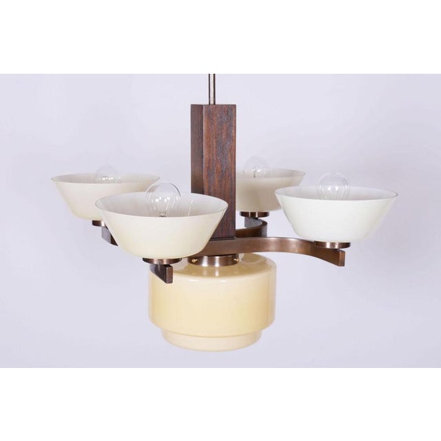 Art Deco Chandelier in Oak, Brass, and Opaline Glass, Czech, 1920s For Sale - Image 4 of 11