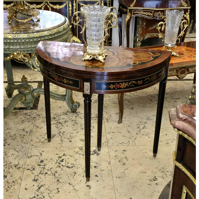 French French-Style Demi-Lune Console Table – Dark Wood, Floral Inlay & Ornate Gold Leaf Details For Sale - Image 3 of 3
