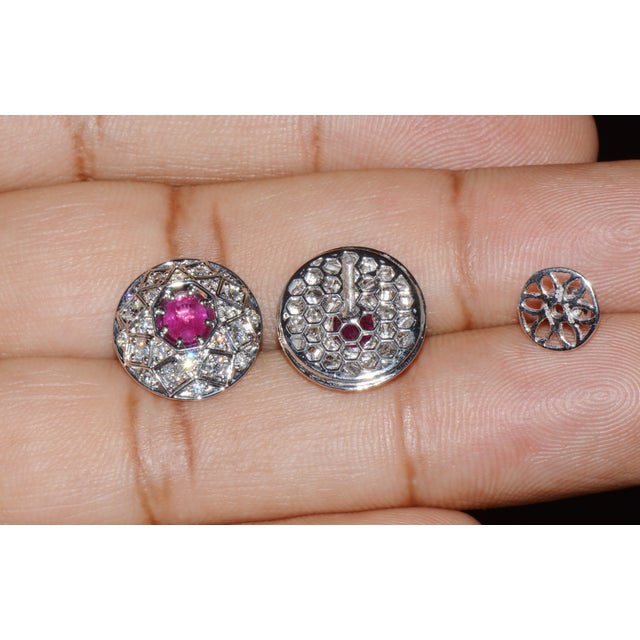 Certified Natural 1.6cts vs F Diamond Ruby 18k Solid Gold Geometric Disc Earrings, A Pair For Sale - Image 9 of 13