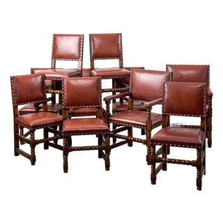 Set of 10 | English Cromwellian Style Oak Bobbin Stretcher Base Dining Chairs With Leather Upholstery (C. 1920) For Sale