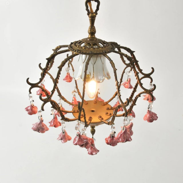 French Vintage Petite European Brass and Ceramic Rose Chandelier For Sale - Image 3 of 14