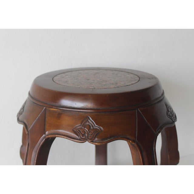 1980s Asian Carved Wood Barrel Stool Plant Stand With Inset Granite Top Vintage For Sale - Image 9 of 18