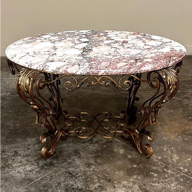 French Antique Italian Painted Wrought Iron Marble Top Coffee Table For Sale - Image 3 of 12