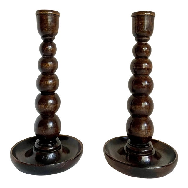 1920's English Descending "Bobbin" Solid Wood Candlestick Holders For Sale