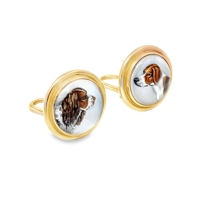 19th Century Victorian 14k Yellow Gold Essex Crystal Reverse Painted Dog Earrings, A Pair For Sale - Image 4 of 11