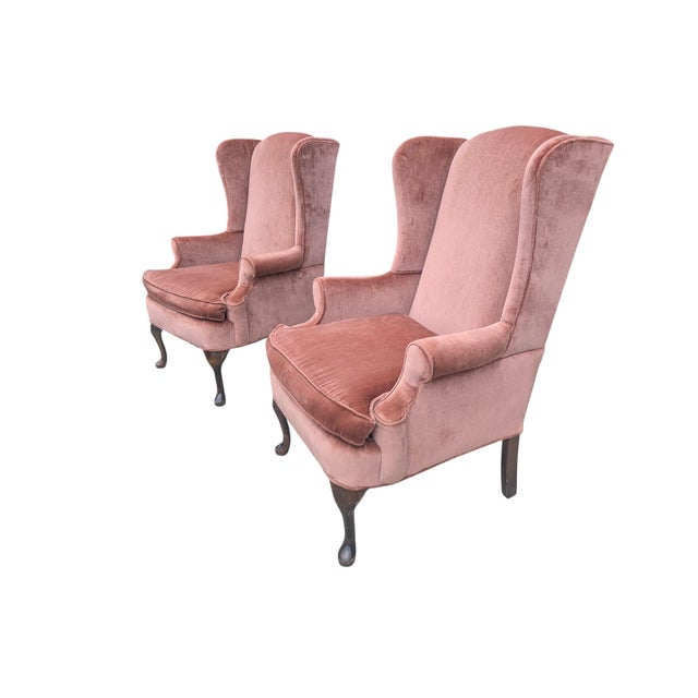 Mid 20th Century Rose Gold Pink Crushed Velvet Wingback Chairs- A Pair For Sale - Image 9 of 18