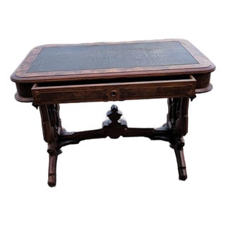 19th Century Victorian Walnut Renaissance Revival New Leather Table For Sale