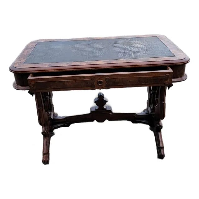 19th Century Victorian Walnut Renaissance Revival New Leather Table For Sale