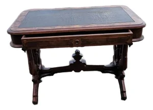 19th Century Victorian Walnut Renaissance Revival New Leather Table