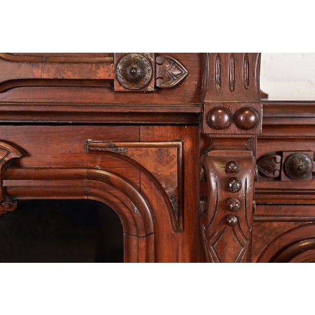 Herter Brothers Style Antique Eastlake Victorian Carved Walnut and Burl Wood Triple Bookcase Cabinet, Circa 1880s For Sale - Image 9 of 14