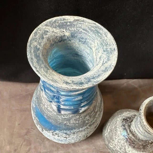 Gray 1970s Set of Two Cenedese Style Blue and Gray Scavo Murano Glass Vases For Sale - Image 8 of 11