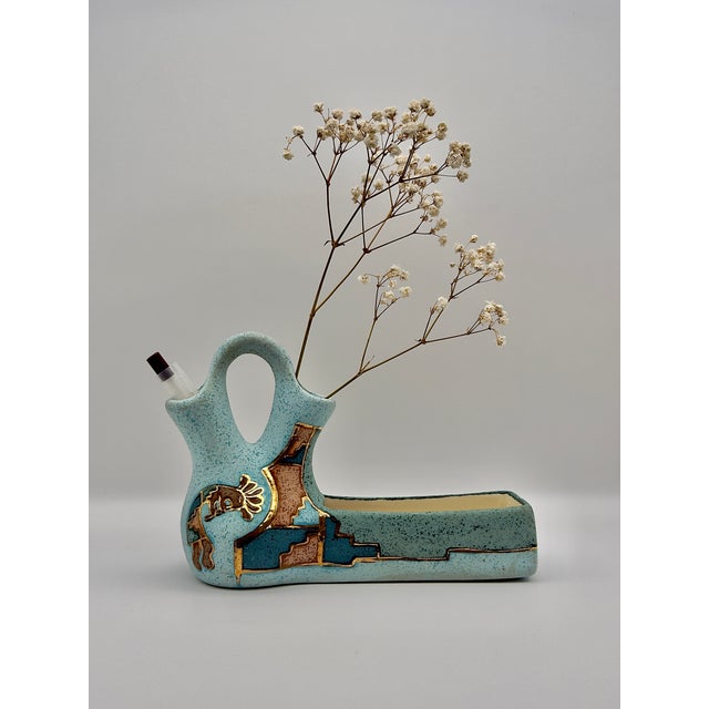 Mid-Century Modern Vintage Southwestern Ceramic Desk Organizer – Turquoise Speckle Pottery Vase & Pen Holder With Gold Accents For Sale - Image 3 of 5