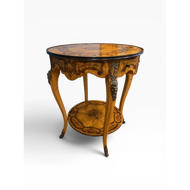 French Vintage Italian Marquetry Two-Tier Side Table With Drawer & Bronze Mounts For Sale - Image 3 of 14