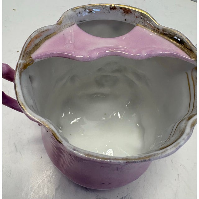 Antique Victorian Rose Pink Porcelain Tea Cup & Saucer | Holds 10–12 Oz Applied Floral Relief | Gilded For Sale - Image 4 of 10