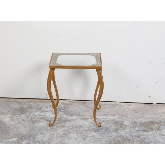 Mid-Century Modern French Mid-Century Gilt Metal Side Table With Square Glass Top and Cabriole Legs For Sale - Image 3 of 10