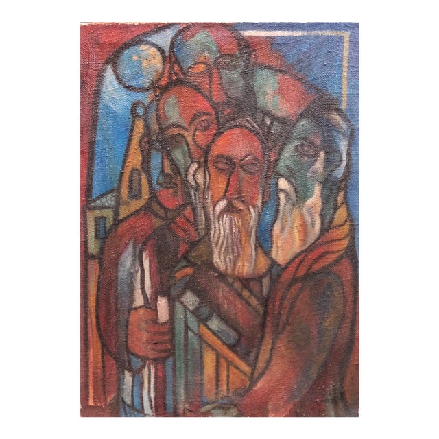 Modernist Judaica Oil Painting Blessing the New Moon, Jewish Prayer, c.1940 For Sale