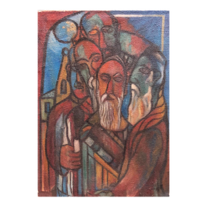 Modernist Judaica Oil Painting Blessing the New Moon, Jewish Prayer, c.1940