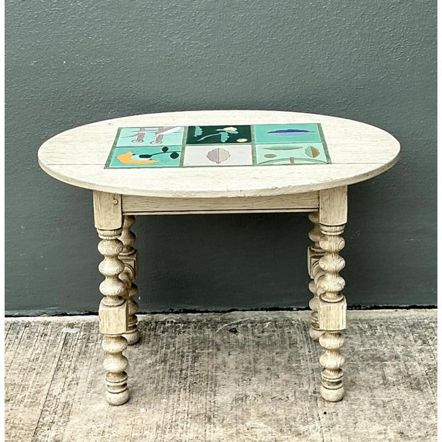Modern Vintage Turned Wood Table With Ceramic Top For Sale - Image 3 of 12