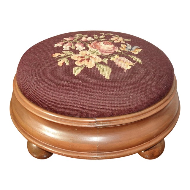 Footstool - Vintage French Country Burgundy Floral Needlepoint Petite Footstool For Sale