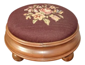 Footstool - Vintage French Country Burgundy Floral Needlepoint Petite Footstool